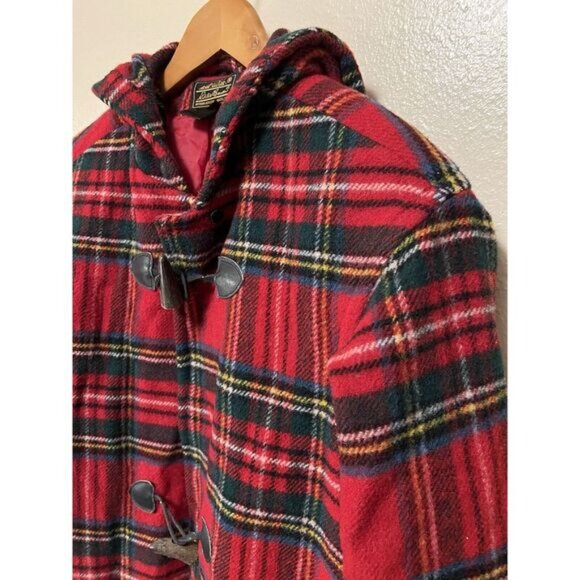Vintage 90s Eddie Bauer Wool Red Tartan Plaid Long Coat Jacket Toggles Size S - Picture 3 of 16